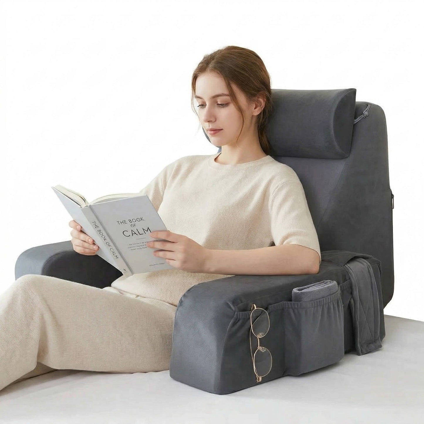 Bed Rest Pillow with Detachable Arms and Adjustable Neck Support, Dual Storage Pockets