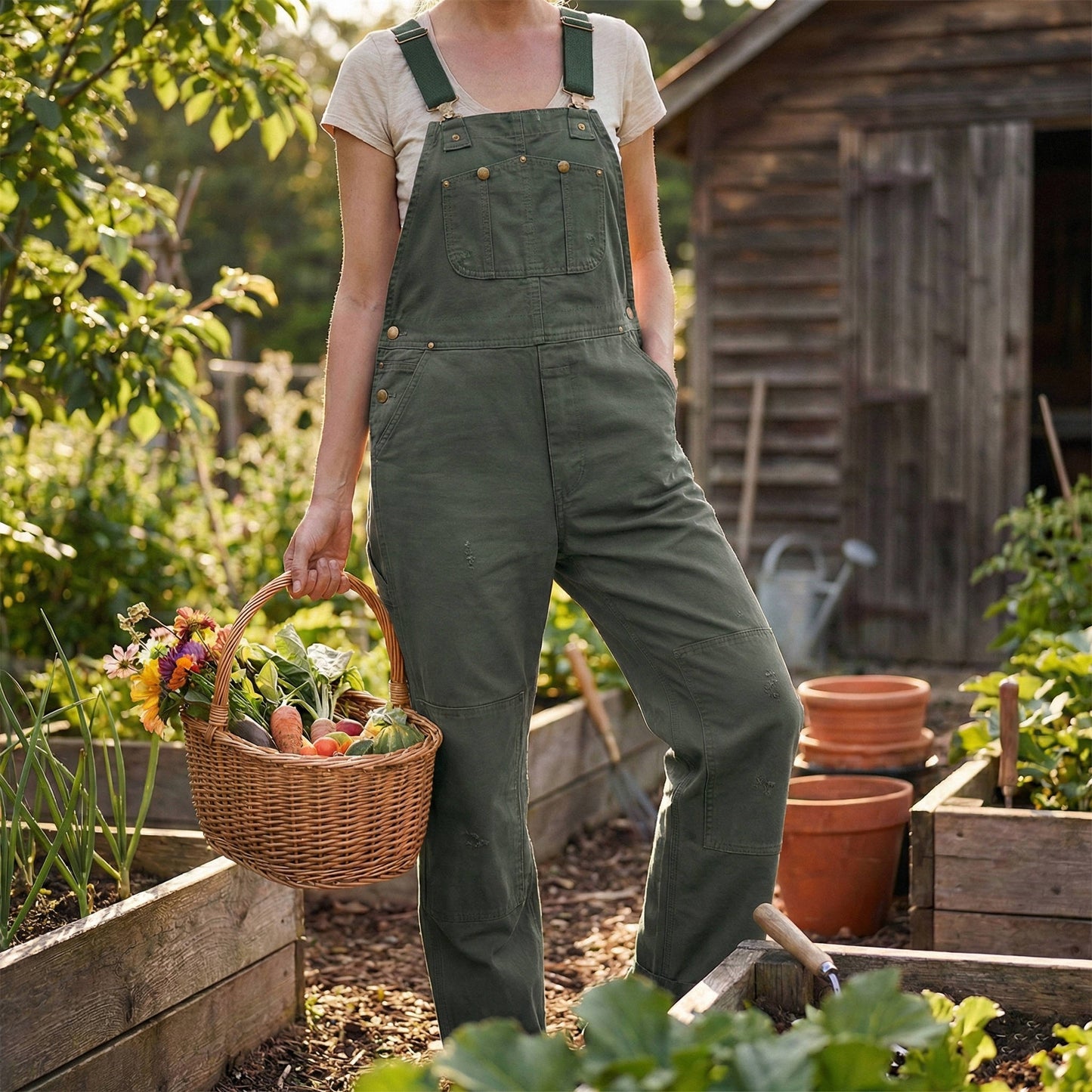 Canvas Bib Overalls with Adjustable Metal Straps and Multiple Pockets, Tapered Leg