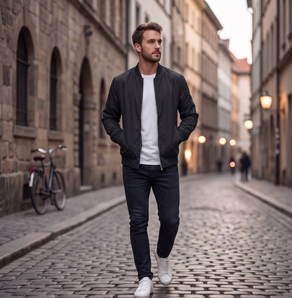 Men's Bomber Jacket with Metal Zipper and Rib Knit Cuffs, Matte Wind-Blocking