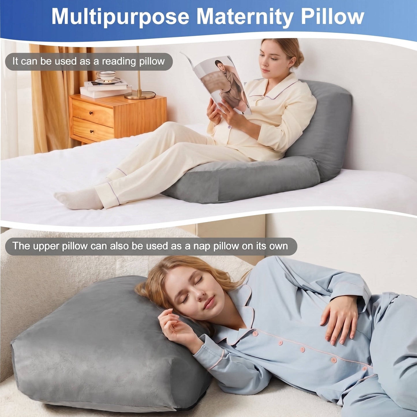 Full Body Maternity Pillow with Circular Belly Cutout and Crushed Sponge Core, 44.5 Inch