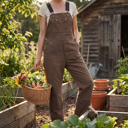 Canvas Bib Overalls with Adjustable Metal Straps and Multiple Pockets, Tapered Leg