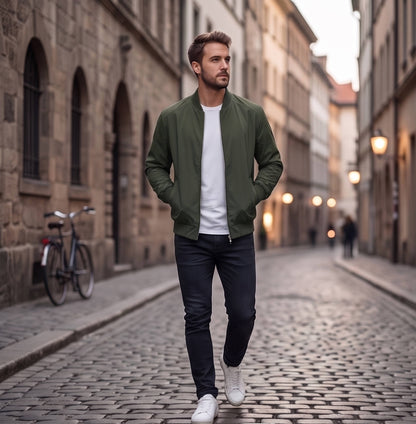 Men's Bomber Jacket with Metal Zipper and Rib Knit Cuffs, Matte Wind-Blocking