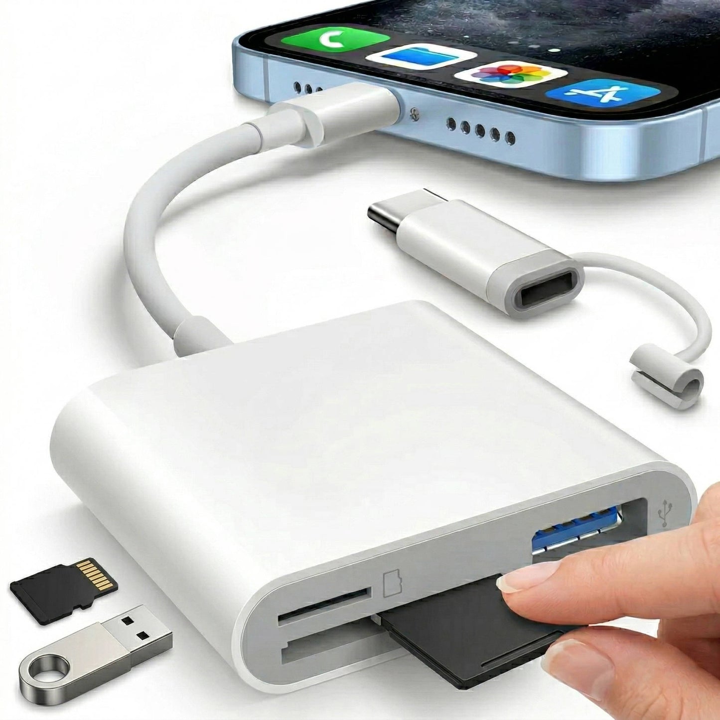 Dual Slot SD Card Reader with Lightning Connector and USB A Port for iPhone iPad
