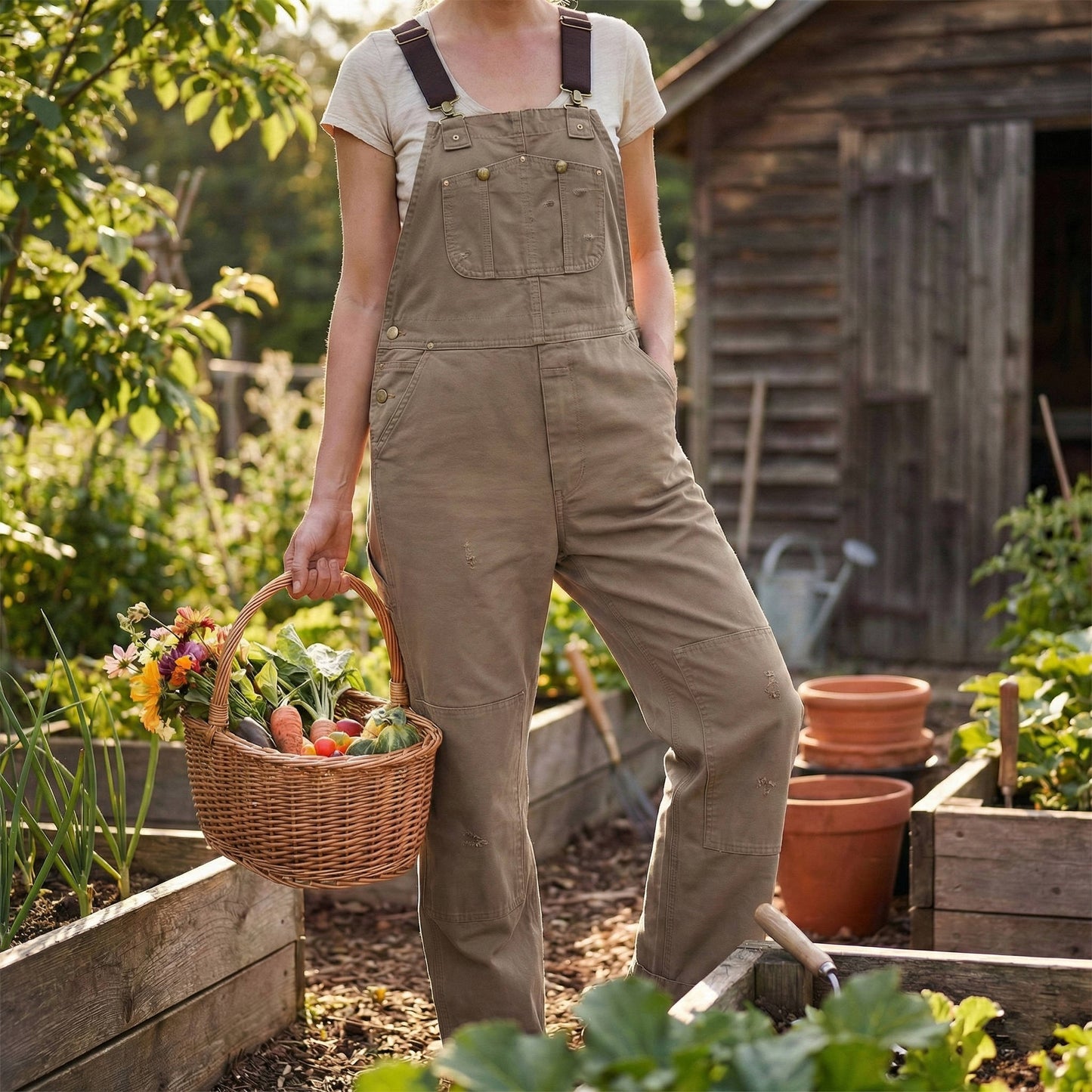 Canvas Bib Overalls with Adjustable Metal Straps and Multiple Pockets, Tapered Leg