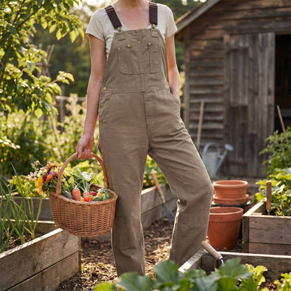 Canvas Bib Overalls with Adjustable Metal Straps and Multiple Pockets, Tapered Leg