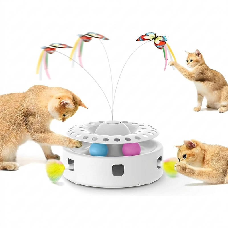 Interactive Cat Toy with Feather, Butterfly and Rolling Balls, USB Powered