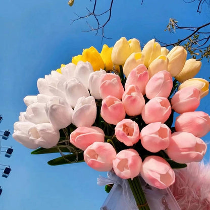 Artificial Tulip Bouquet Night Light with Warm White LED and Real Touch Petals, Battery Operated