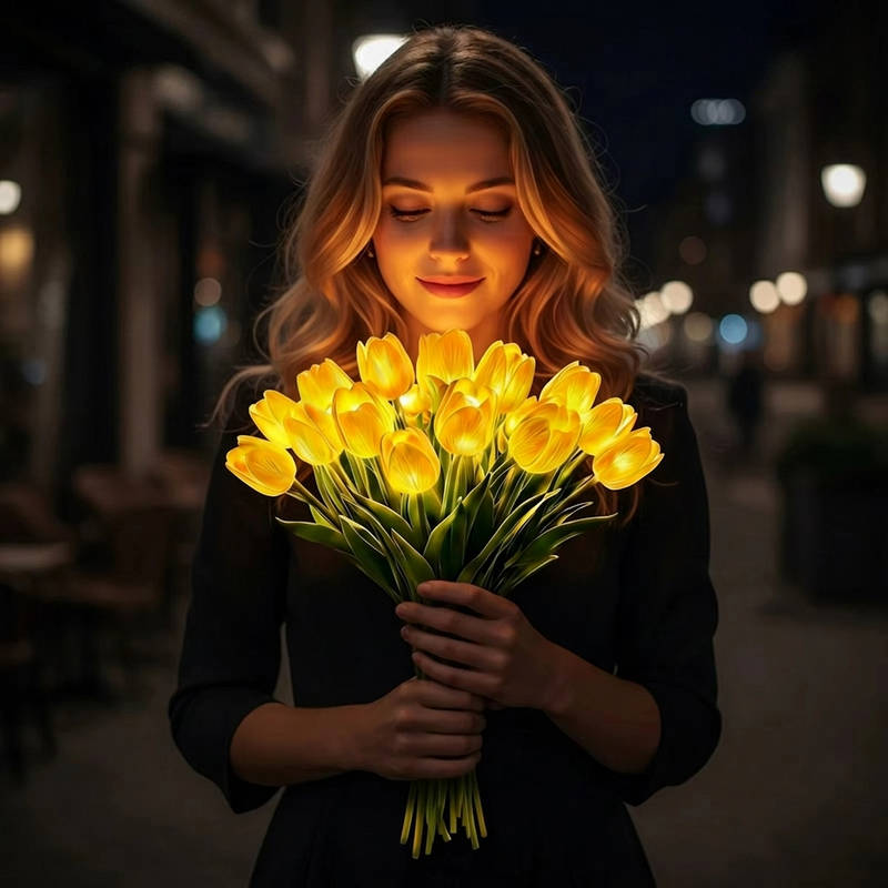 Artificial Tulip Bouquet Night Light with Warm White LED and Real Touch Petals, Battery Operated