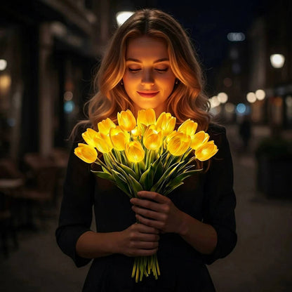 Artificial Tulip Bouquet Night Light with Warm White LED and Real Touch Petals, Battery Operated
