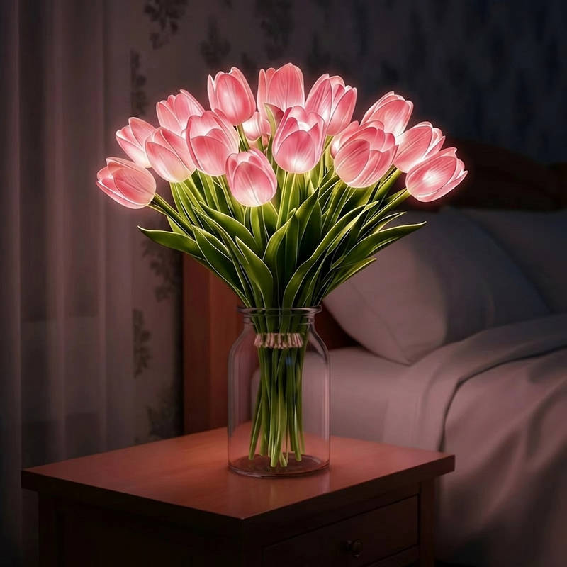 Artificial Tulip Bouquet Night Light with Warm White LED and Real Touch Petals, Battery Operated