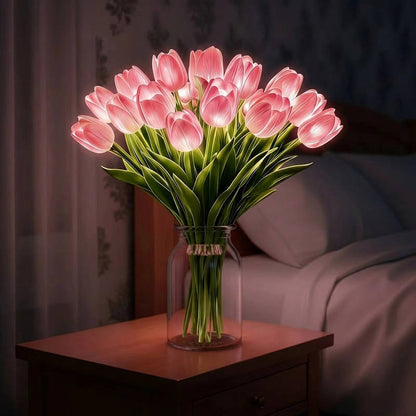 Artificial Tulip Bouquet Night Light with Warm White LED and Real Touch Petals, Battery Operated