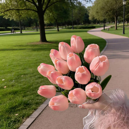 Artificial Tulip Bouquet Night Light with Warm White LED and Real Touch Petals, Battery Operated