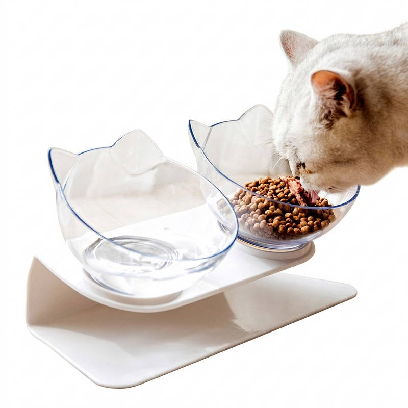 Elevated Cat Bowl with 15 Degree Tilt and Dual Transparent Dishes, Anti Slip Base