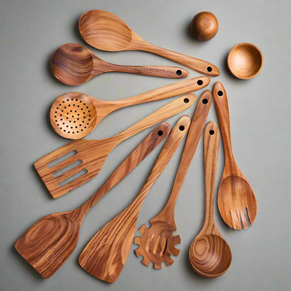 Wooden Kitchen Utensil Set with Nonstick Safe Design and Heat Resistant Teak