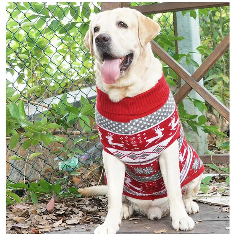 Large Dog Knit Sweater with Festive Patterns and Breathable Fiber, Red/Gray/Blue