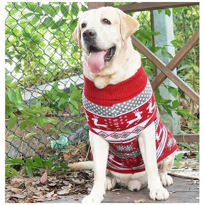 Large Dog Knit Sweater with Festive Patterns and Breathable Fiber, Red/Gray/Blue