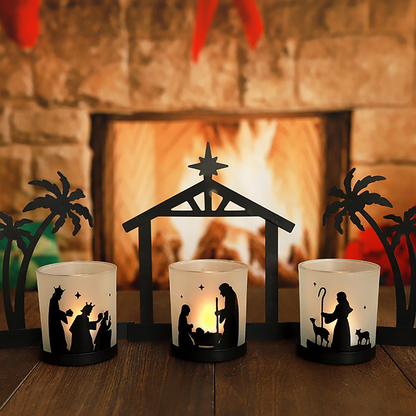 Nativity Candle Holder Set with Glass Cups and LED Tealights, Three-Piece Metal Display