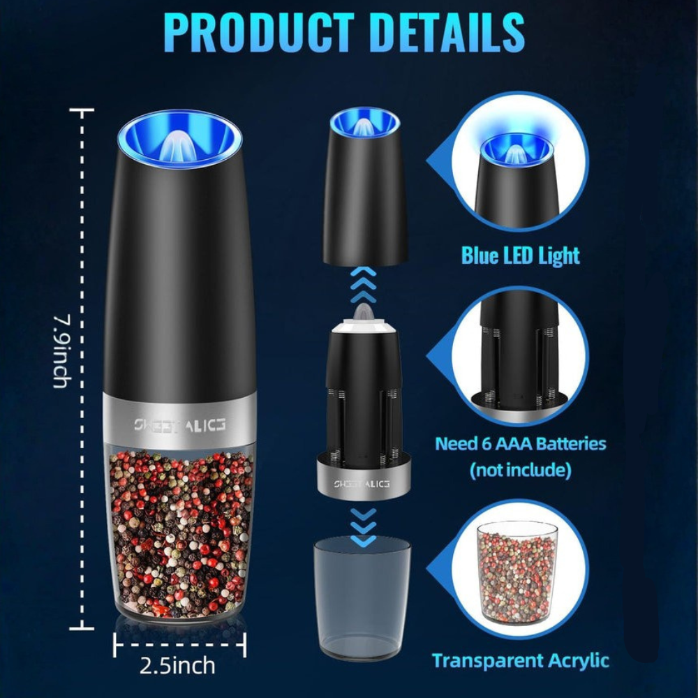 Electric Grinder with Gravity Sensor and Adjustable Coarseness for Salt and Pepper