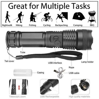 Rechargeable Flashlight with Telescopic Zoom and Three Brightness Modes, IPX6 Water Resistant