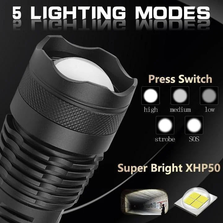 Rechargeable Flashlight with Telescopic Zoom and Three Brightness Modes, IPX6 Water Resistant