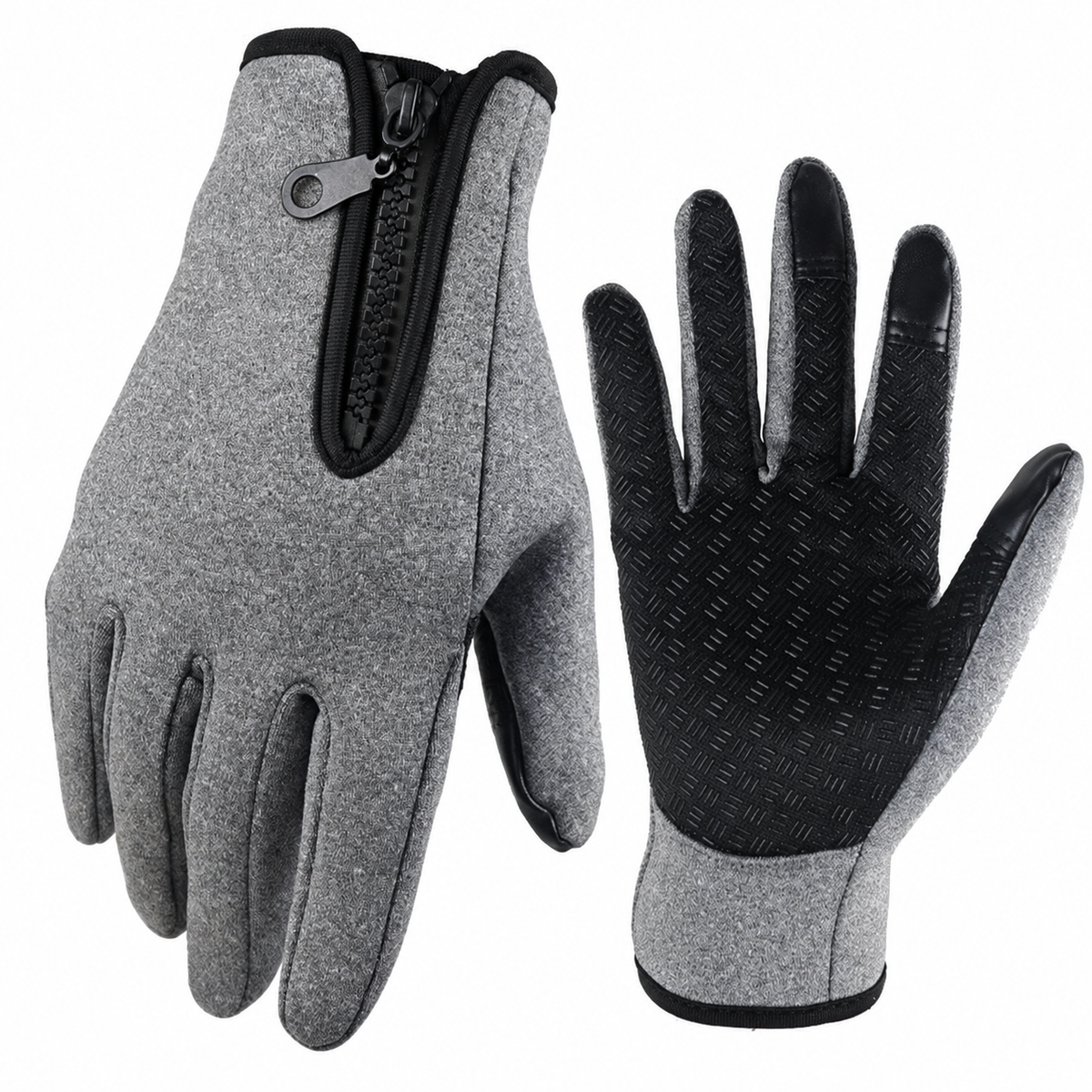Touchscreen Winter Gloves with Silicone Grip Palm and Zippered Wrist Cuff