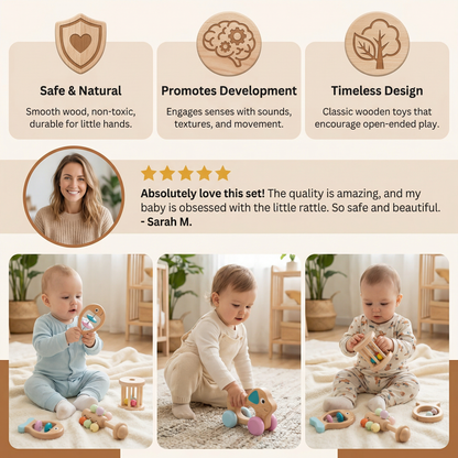 Wooden Rattle and Musical Toy Set for Newborns with Rounded Edges