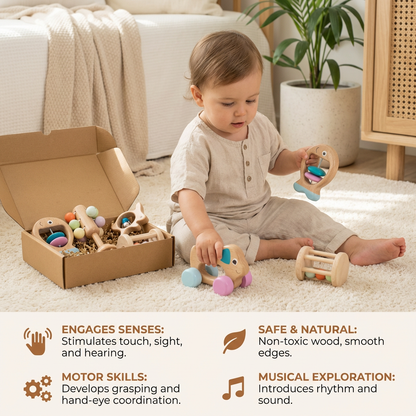 Wooden Rattle and Musical Toy Set for Newborns with Rounded Edges