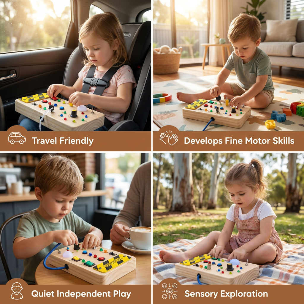 Wooden Sensory Board with Working Switches and Light Effects for Toddlers