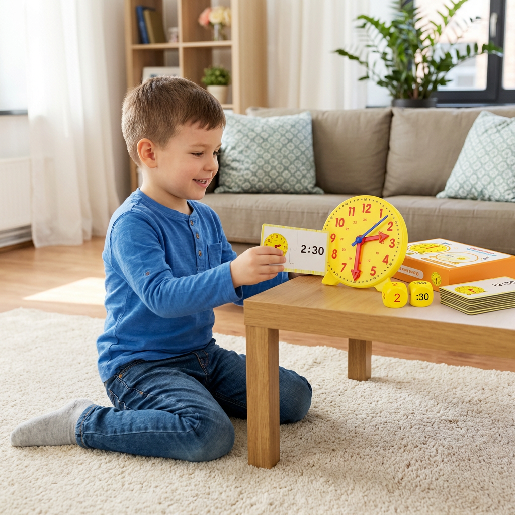 Interactive Time Teaching Clock with Movable Hands and Matching Cards, Dice Games