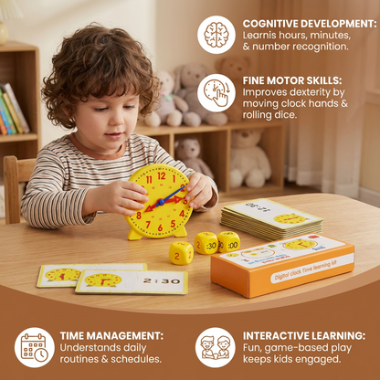 Interactive Time Teaching Clock with Movable Hands and Matching Cards, Dice Games