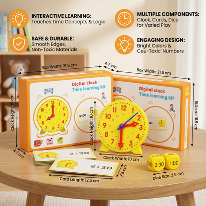 Interactive Time Teaching Clock with Movable Hands and Matching Cards, Dice Games