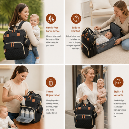 Diaper Backpack with Foldable Baby Bed and Padded Straps, Multiple Storage Compartments