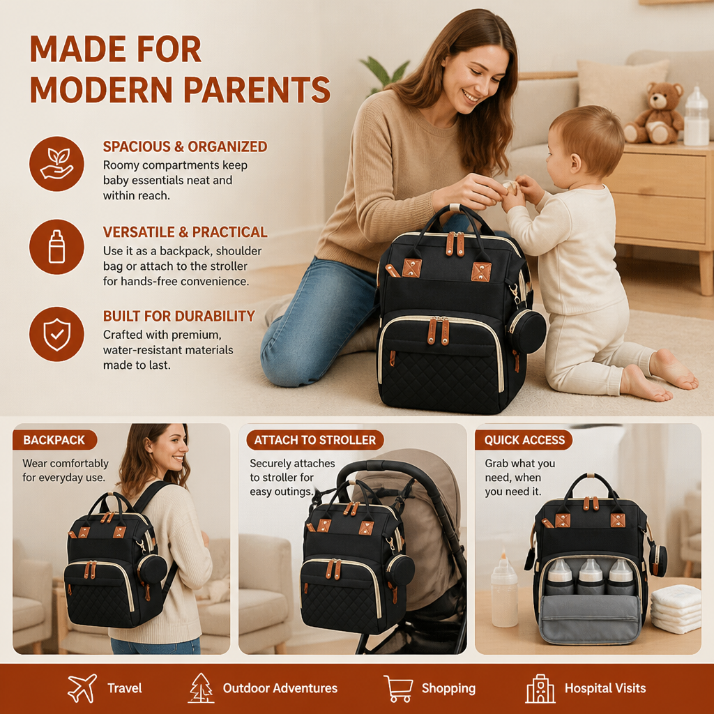 Diaper Backpack with Foldable Baby Bed and Padded Straps, Multiple Storage Compartments