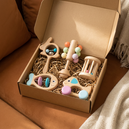 Wooden Rattle and Musical Toy Set for Newborns with Rounded Edges