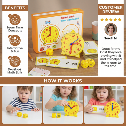 Interactive Time Teaching Clock with Movable Hands and Matching Cards, Dice Games