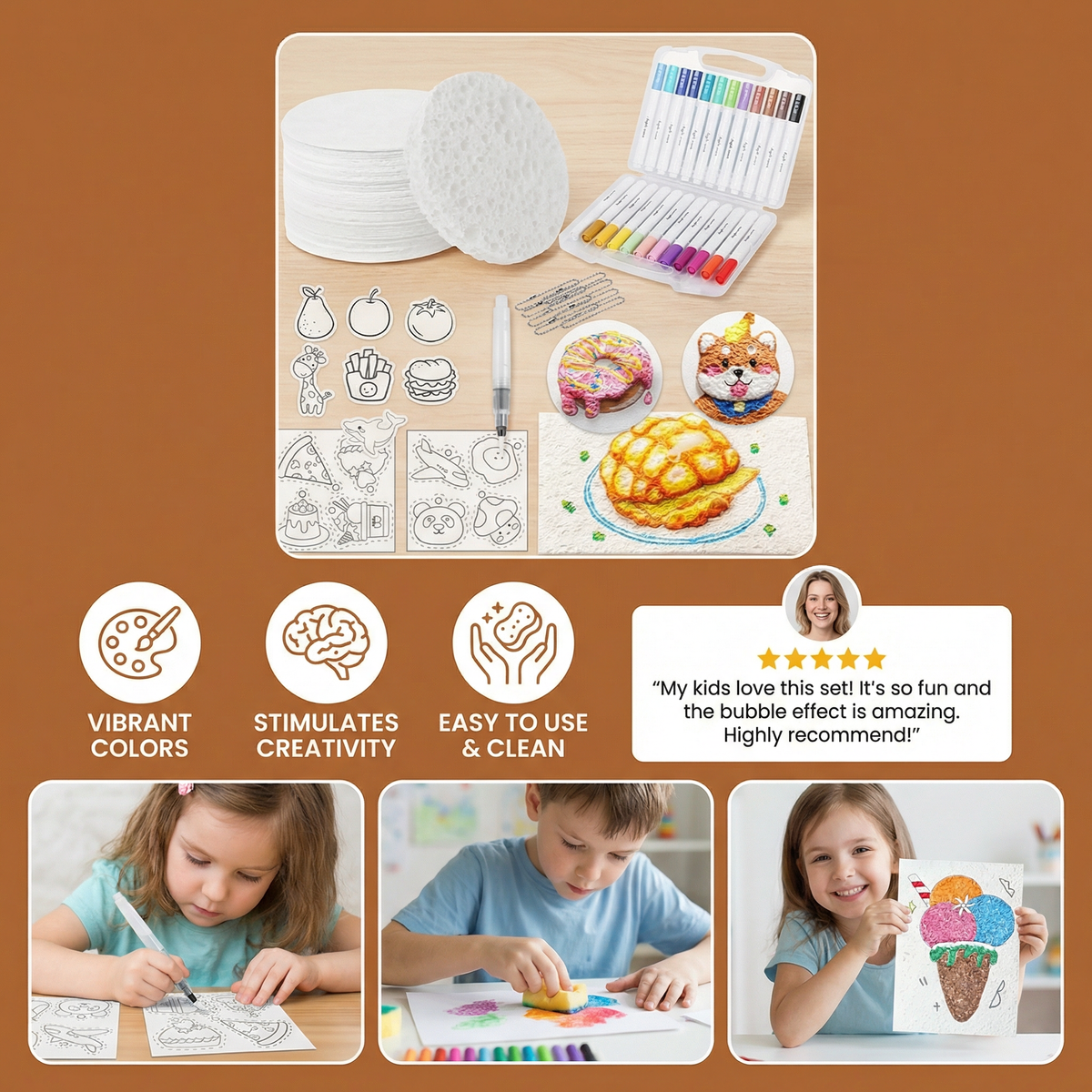 Sponge Stamp Painting Set with Textured Bubble Effects and Color Blending