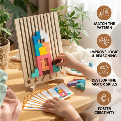 Wooden Shape Puzzle with Geometric Blocks and Base Board for Early Learners