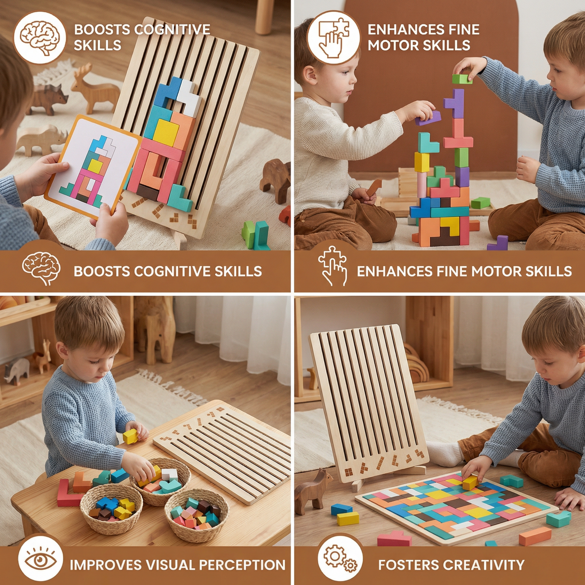 Wooden Shape Puzzle with Geometric Blocks and Base Board for Early Learners