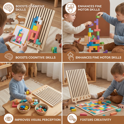 Wooden Shape Puzzle with Geometric Blocks and Base Board for Early Learners