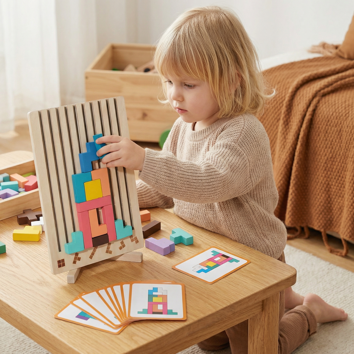 Wooden Shape Puzzle with Geometric Blocks and Base Board for Early Learners