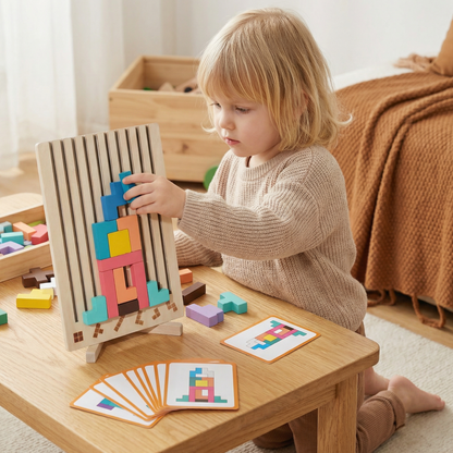 Wooden Shape Puzzle with Geometric Blocks and Base Board for Early Learners