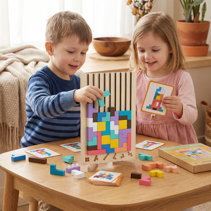 Wooden Shape Puzzle with Geometric Blocks and Base Board for Early Learners