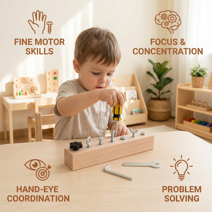 Wooden Screw Toy Set with Threaded Pieces and Shape Sorting for Fine Motor Skills