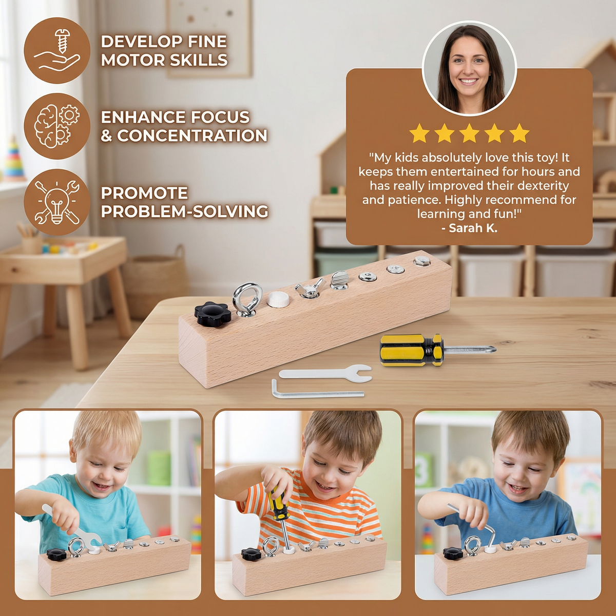 Wooden Screw Toy Set with Threaded Pieces and Shape Sorting for Fine Motor Skills