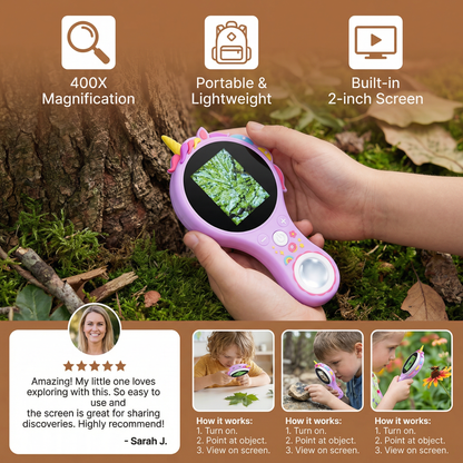 Handheld Video Microscope for Kids with 500X Magnification and Built-In Screen