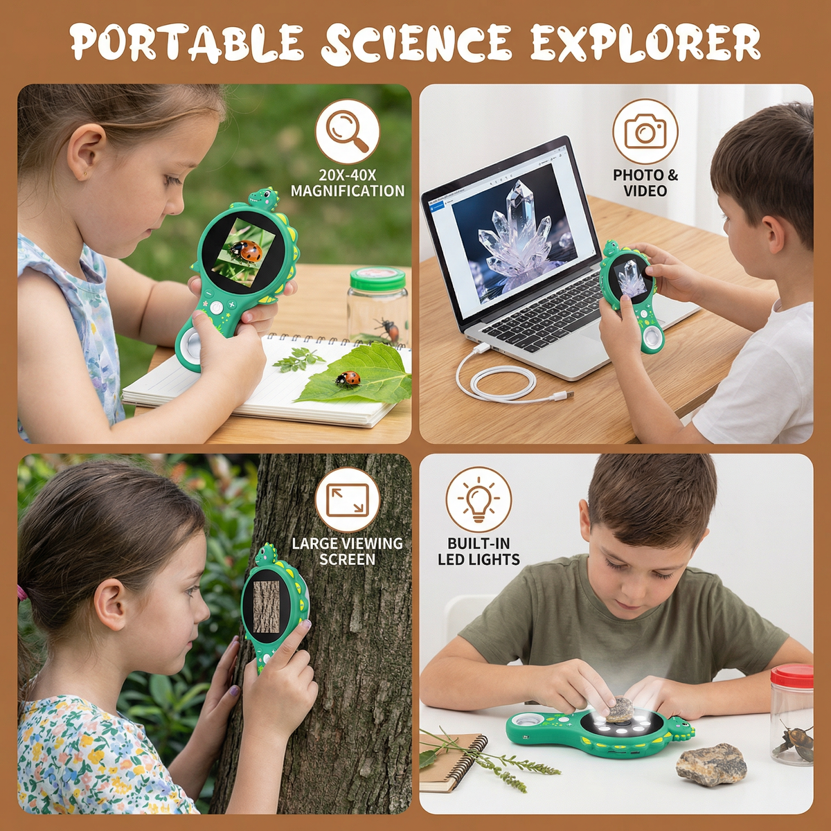 Handheld Video Microscope for Kids with 500X Magnification and Built-In Screen