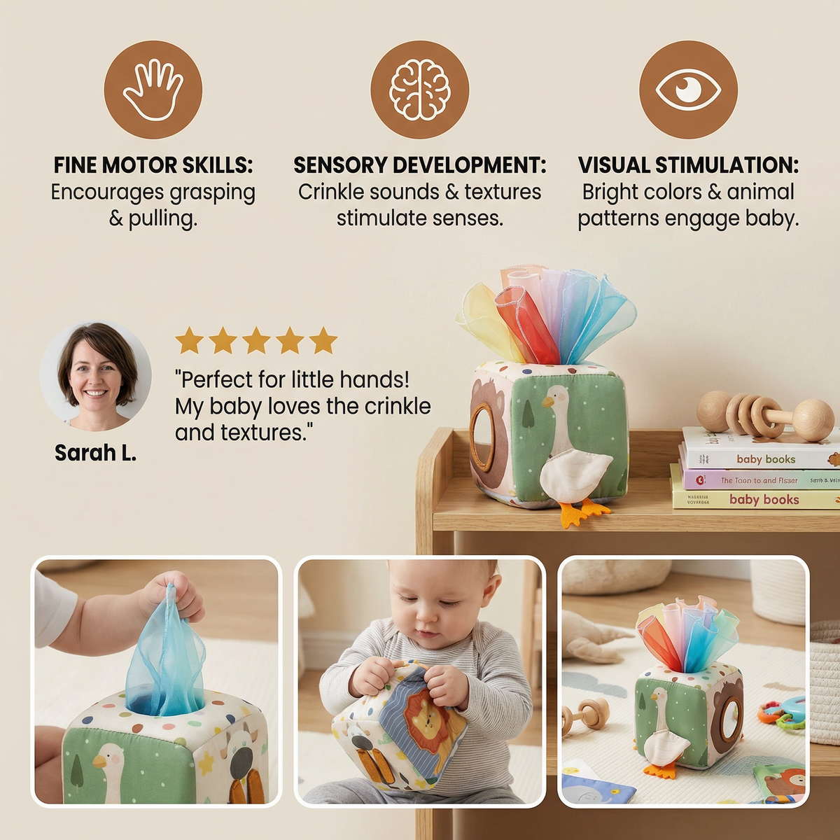 Baby Sensory Tissue Box with Crinkle Fabric Pieces and Multiple Colors