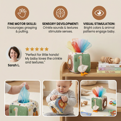 Baby Sensory Tissue Box with Crinkle Fabric Pieces and Multiple Colors