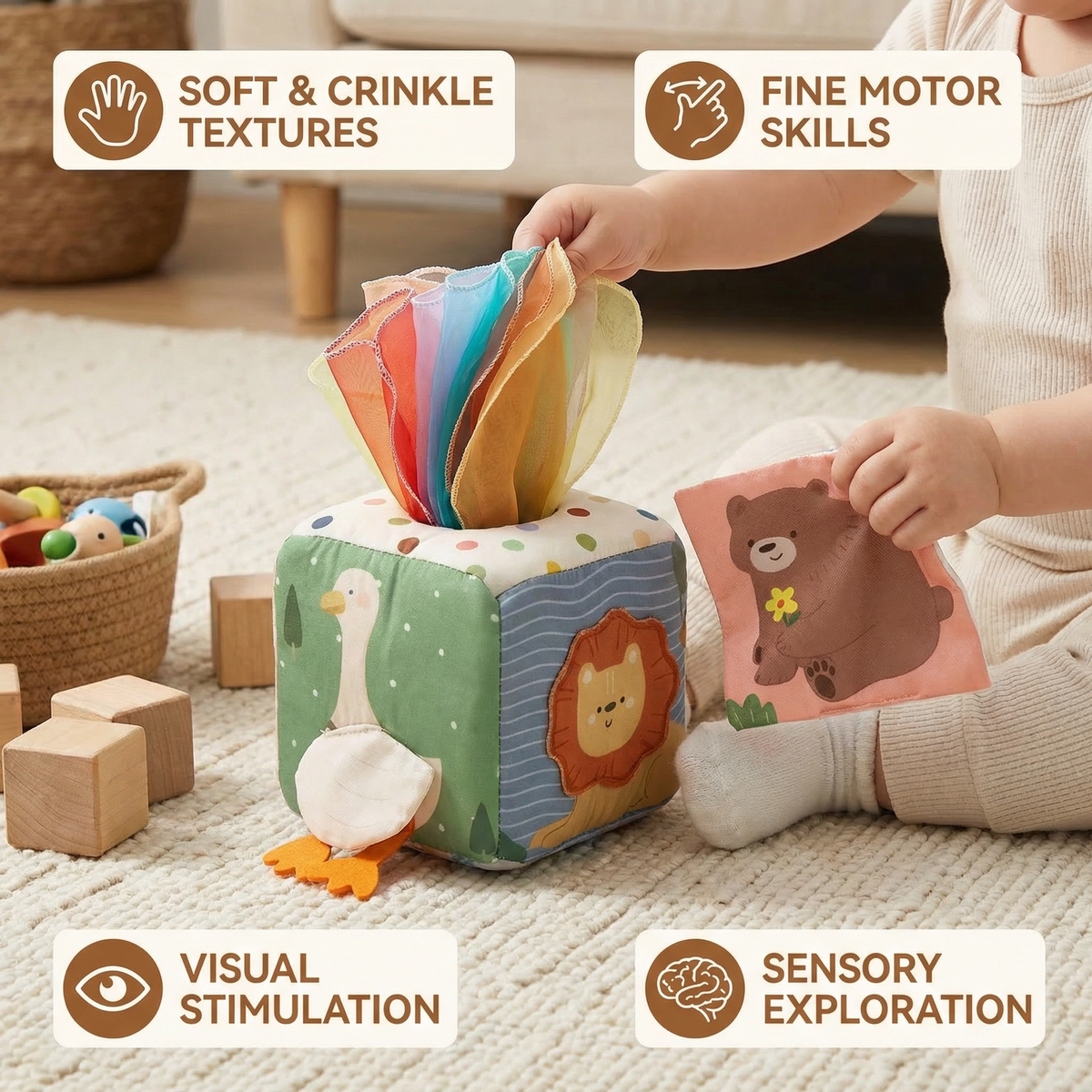 Baby Sensory Tissue Box with Crinkle Fabric Pieces and Multiple Colors