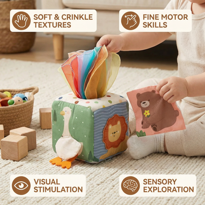 Baby Sensory Tissue Box with Crinkle Fabric Pieces and Multiple Colors